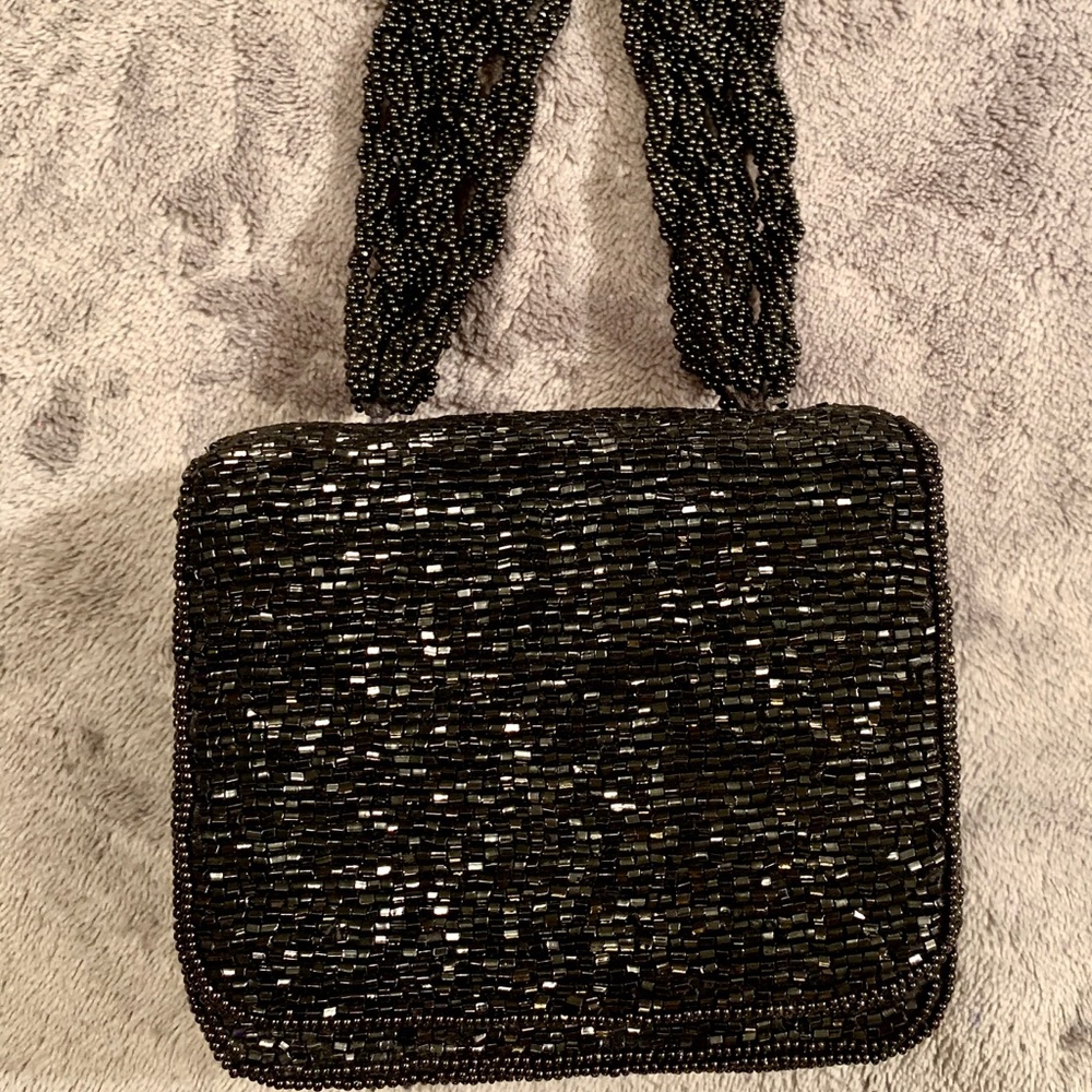 Small Black Hard Beaded Handbag with Beaded Strap.